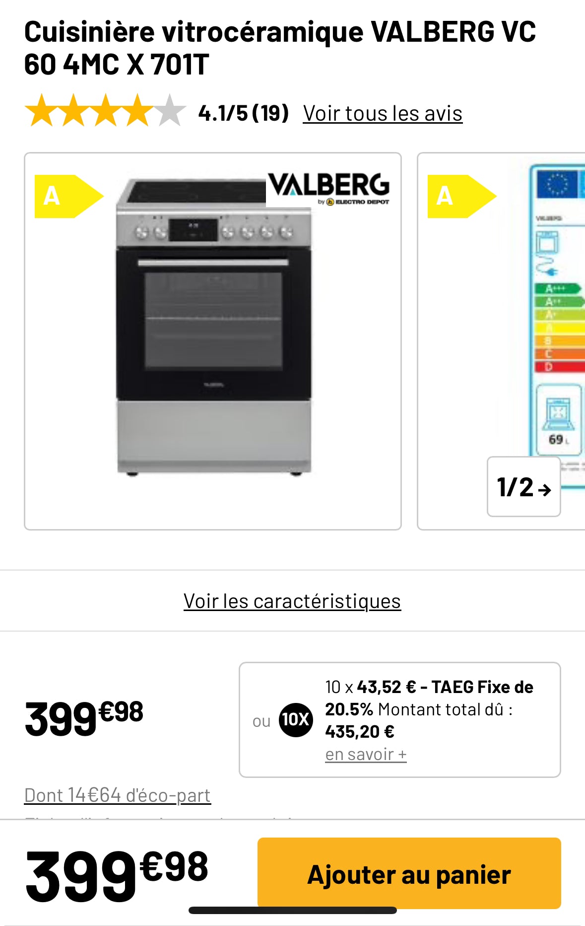 Cuisinière Vitrocéramique VALBERG 4 Foyers NEUVE ( Avec Défaut d’Aspect ) GARANTIE 1 AN