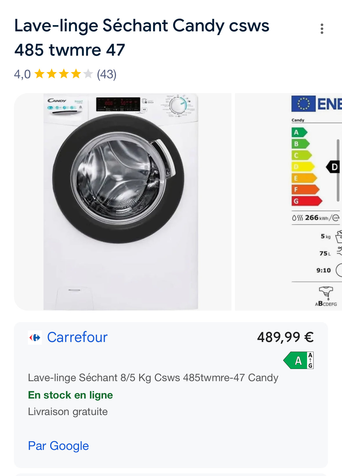 Lave-Linge Séchant CANDY 8 + 5 Kg GARANTIE 1 AN